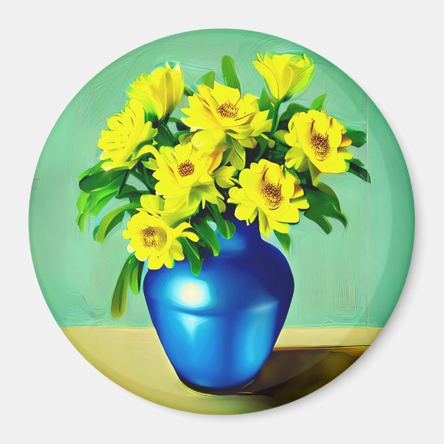 Aimant Roses jaunes dans un Vase bleu Boho Art (Devant)