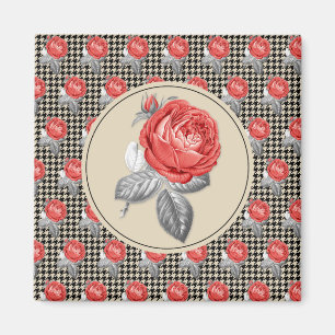 Aimant Roses roses vintage et motif pied-de-poule