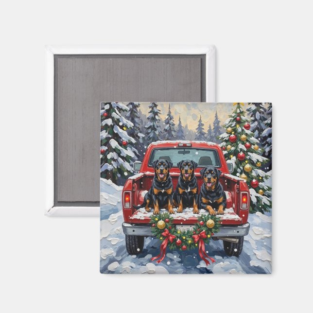 Aimant Rottweiler Christmas Red Truck Holiday (Recto/Verso)