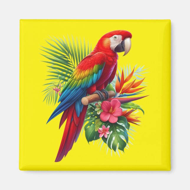 Aimant Rouge macaw tropical floral (Devant)
