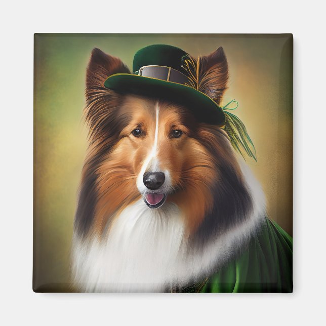 Aimant Rough Collie Chien dans la tenue de la Saint Patri (Devant)