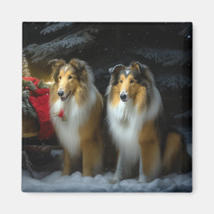 Aimant Rough Collie Snowy Sleigh Décor de Noël