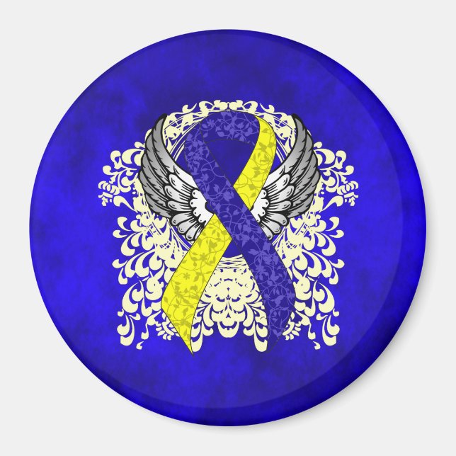 Aimant Ruban de sensibilisation bleu et jaune avec ailes (Devant)