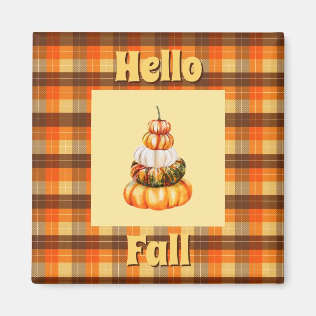 Aimant Rustique Hello Fall Plaid avec Citrouille orange (Devant)