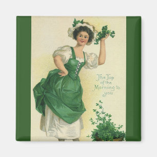 Aimant Saint-Patrick vintage, jeune fille aux trèfles cha