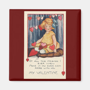 Aimant Saint-Valentin mignon vintage, Fille aux cœurs rou