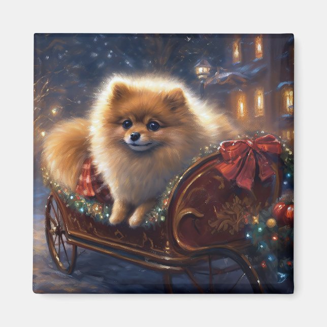 Aimant Saison de Noël Poméranienne brossé (Devant)
