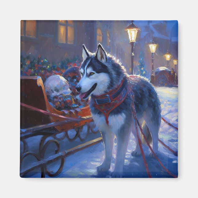 Aimant Saison de Noël Sibérienne Husky (Devant)