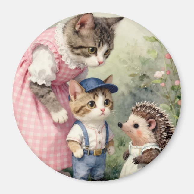 Aimant Salutations du premier jour -  Chat et hérisson (Devant)