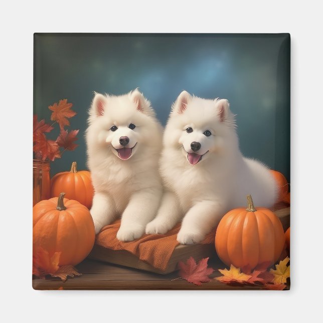 Aimant Samoyed Chiot Automne Citrouille de plaisir (Devant)