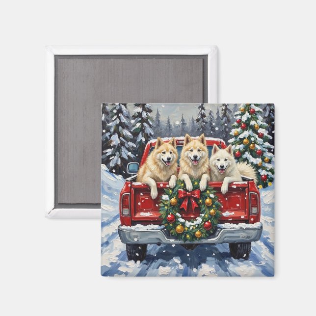 Aimant Samoyed Christmas Red Truck Holiday (Recto/Verso)