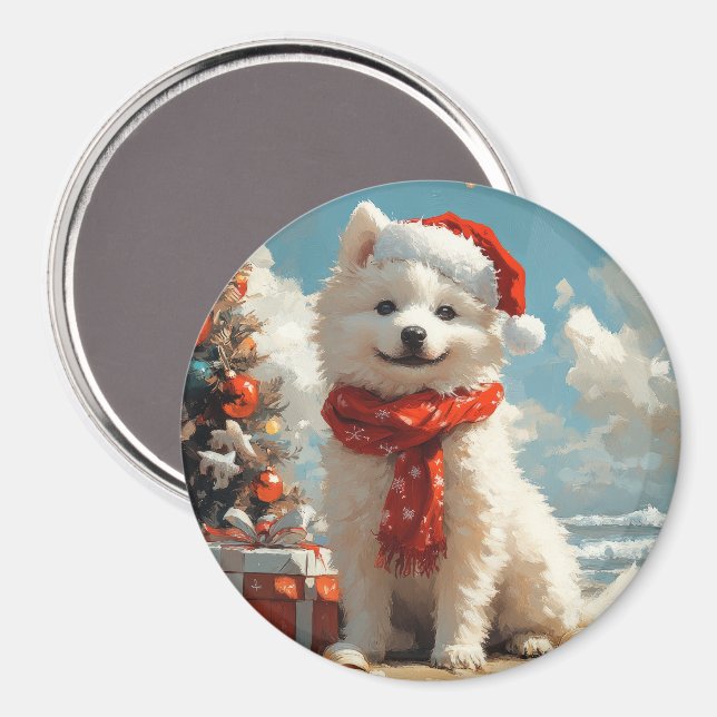 Aimant Samoyed Dog Christmas Vintage Beach (Recto/Verso)