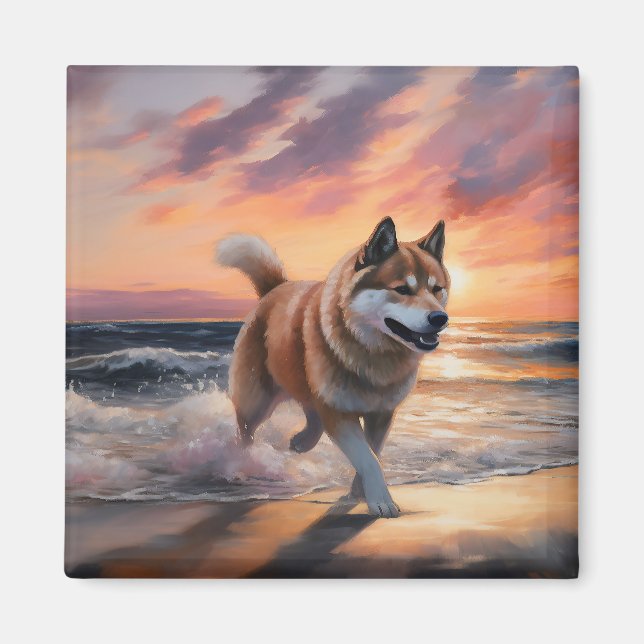 Aimant Sandy Paws Akita Chien sur le coucher du soleil de (Devant)
