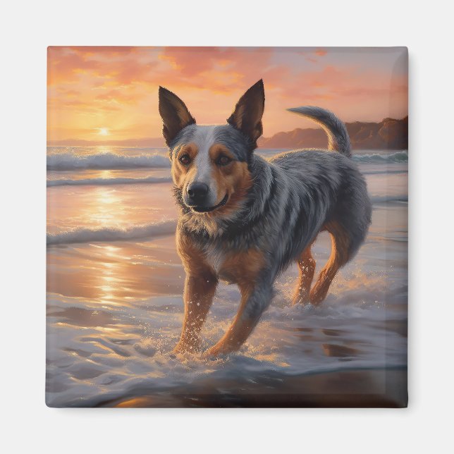 Aimant Sandy Paws Australian Cattle Dog on Beach Sunset (Devant)