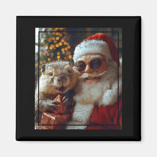 Aimant Santa And Beaver Selfie Funny Christmas Design  (Devant)