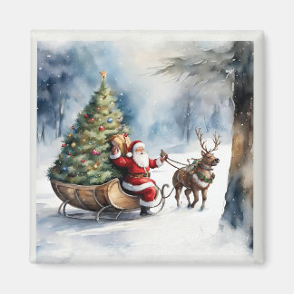Aimant Santa Claus Snow Reindeer Sleigh Holiday