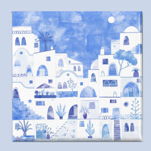Aimant Santorin Grèce Aquarelle Art bleu et blanc
