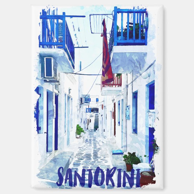 Aimant Santorin Voyage bleu et blanc (Recto)