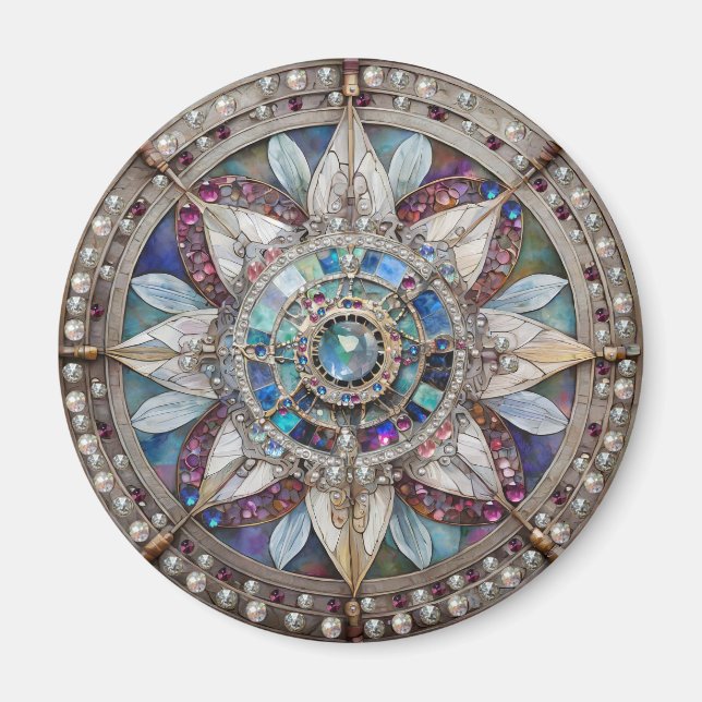 Aimant Saphirs roses et bleus Diamants Perles Mandala (Devant)
