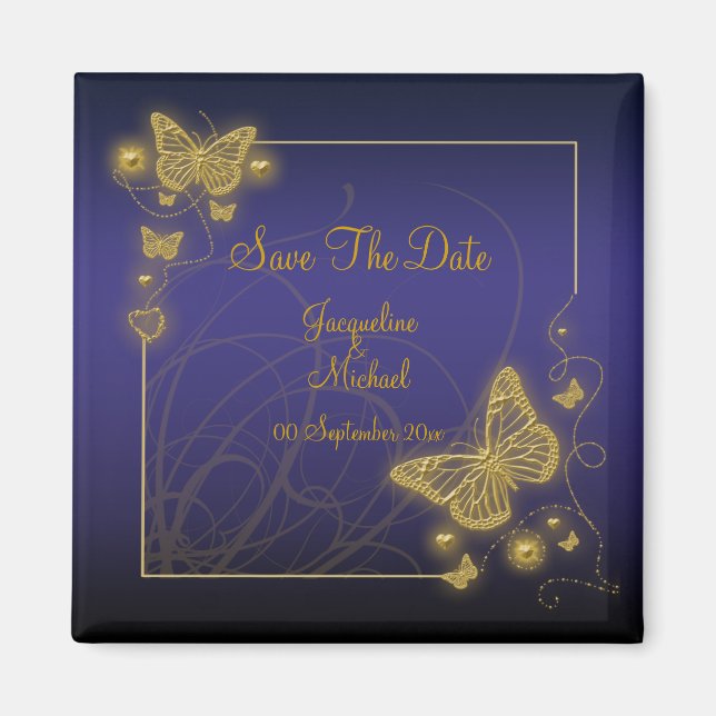 Aimant "Sauvez la date" papillon bleu noir (Devant)