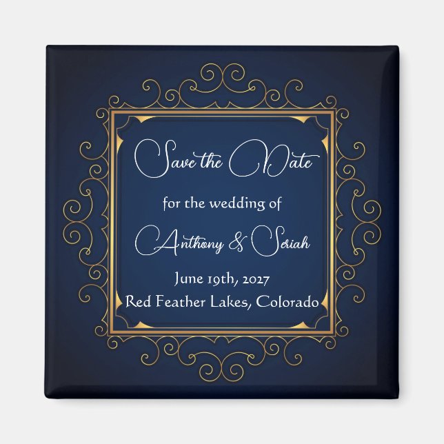 Aimant "save the date" bleu et or (Devant)