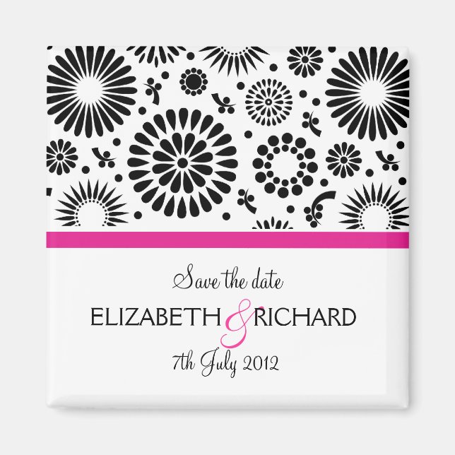 Aimant Save the Date Folk Black White Flower Boho Wedding (Devant)