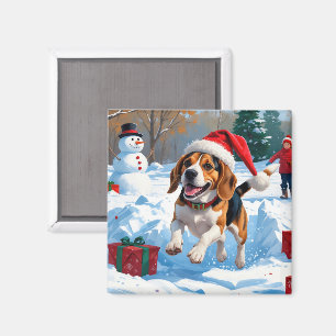 Aimant Scène de neige festive de Noël avec Beagle
