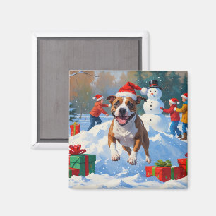 Aimant Scène de Noël festive avec un Bull Terrier dans la