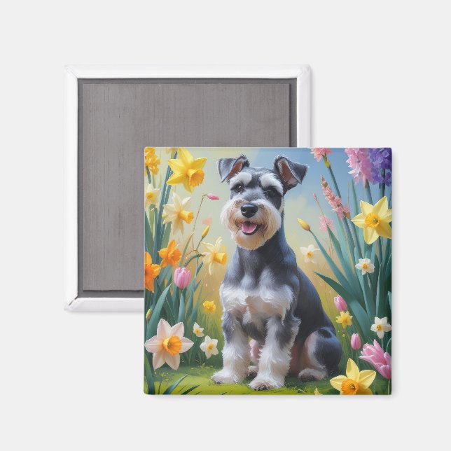 Aimant Schnauzer Dog Fleurs de printemps Peinture (Recto/Verso)