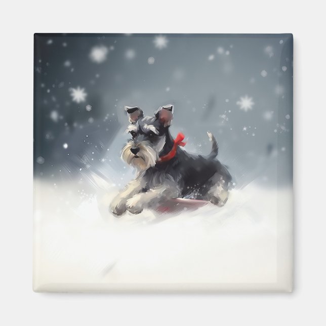 Aimant Schnauzer miniature neige de Noël hiver (Devant)
