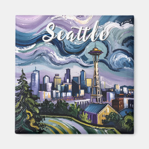 Aimant Seattle Skyline Van Gogh Style Art Vintage voyage