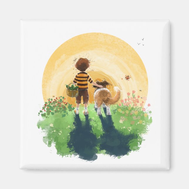 Aimant Sheltie Dog and Boy Walk in Sunset (Devant)