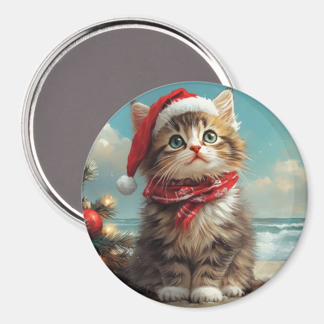 Aimant Sibérie Chat Noël Plage Vintage (Recto/Verso)