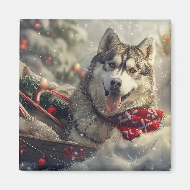 Aimant Sibérie Husky Chien Festif de Noël (Devant)