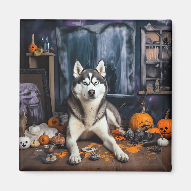 Aimant Sibérie Husky Citrouille Halloween effrayant (Devant)