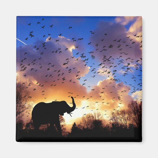 Aimant Silhouette d'éléphant africain au coucher du solei (Devant)