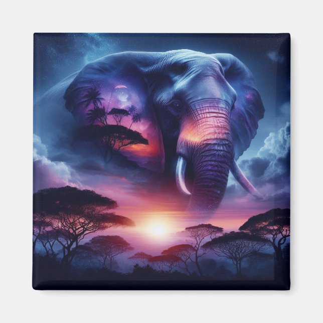 Aimant Silhouette d'éléphant au coucher du soleil (Devant)