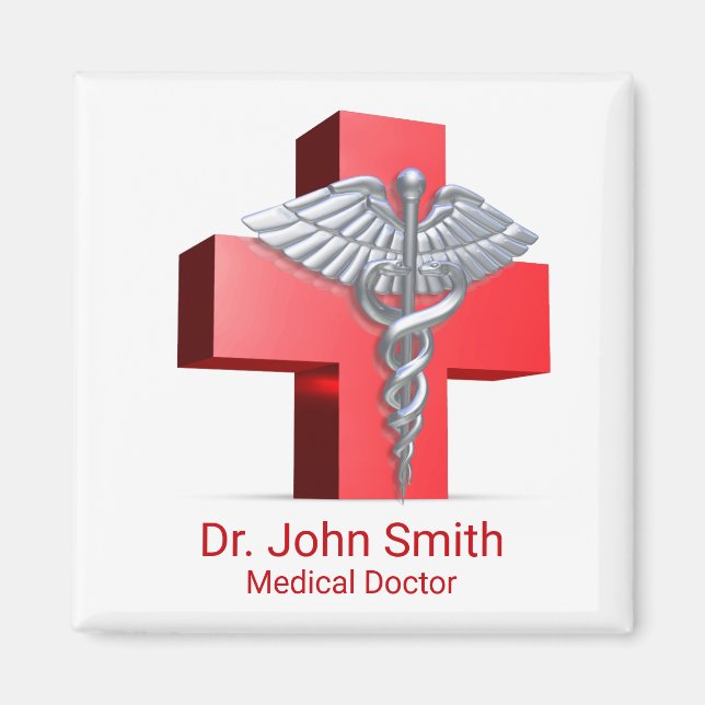 Aimant Silver Médicale 3D Caduceus Croix Rouge (Devant)