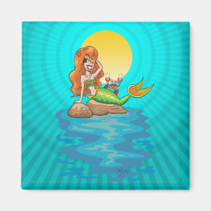 Aimant Sirène sur les rochers avec ami sous Lune Jaune