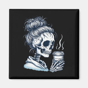 Aimant Skeleton Boire Café Messy Bun Femmes Halloween