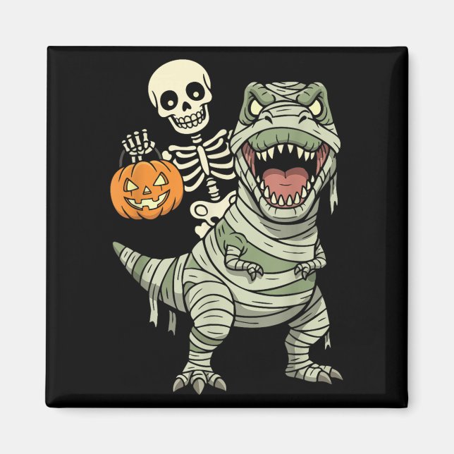 Aimant Skeleton Riding Mummy Dinosaur T Rex Halloween Fun (Devant)