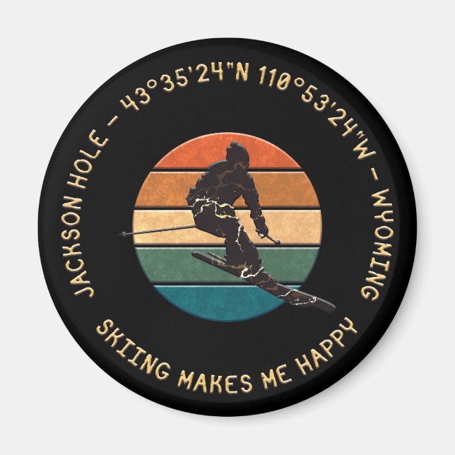 Aimant Ski Jackson Hole, Wyoming - Homme Skier Sur Noir (Devant)