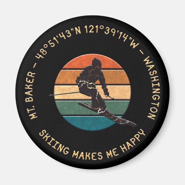 Aimant Ski Mt. Baker, Washington - Man Skier, Texte Jaune (Devant)