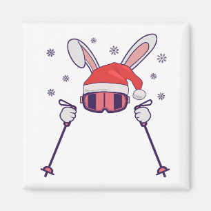 Aimant Ski Père Noël Rabbit avec Santa Hat et bâtons de s