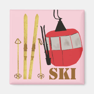 Aimant Skis Et Poles D'Or   Retro Ski Lift Holiday Pink