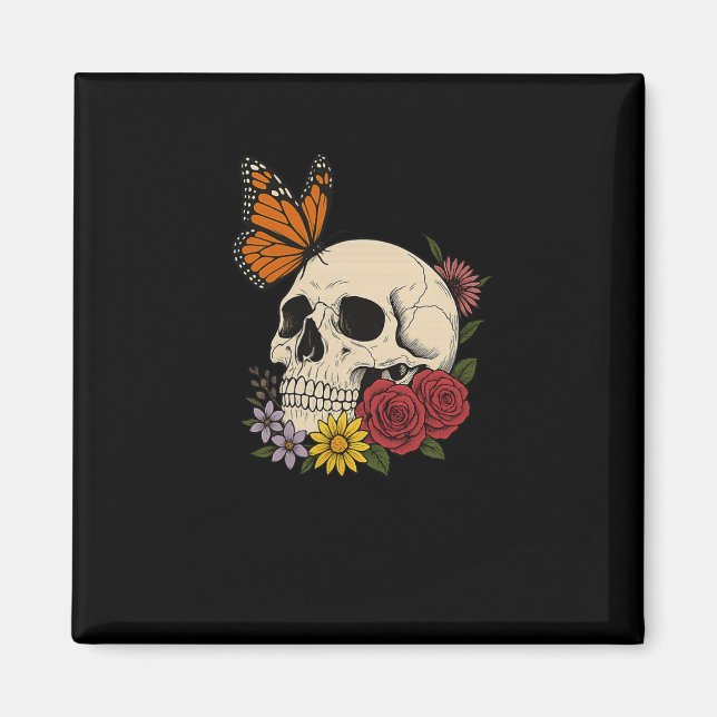 Aimant Skulls Monarch Butterfly Flowers Halloween Men Wom (Devant)