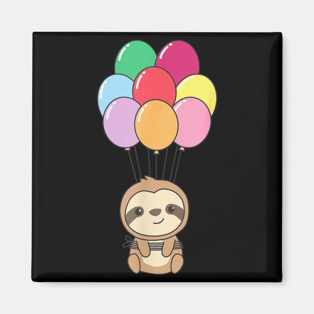 Aimant Sloth Flies Up With Colorful Balloons Kawaii Sloth (Devant)