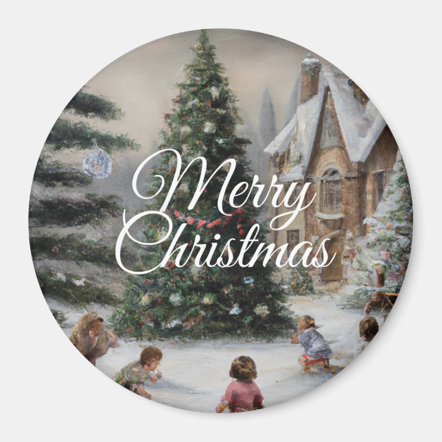 Aimant Snowy Christmas Tree Oil Painting Kids' Play (Devant)