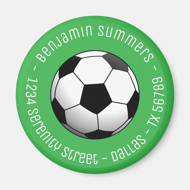 Aimant Soccer Football Ball on Green Custom Text (Devant)