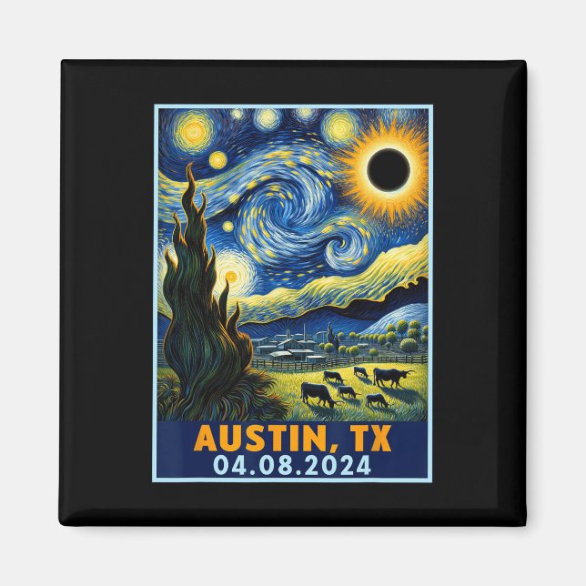 Aimant Solar Eclipse 2024 Austin Texas Van Gogh Starry Ni (Devant)